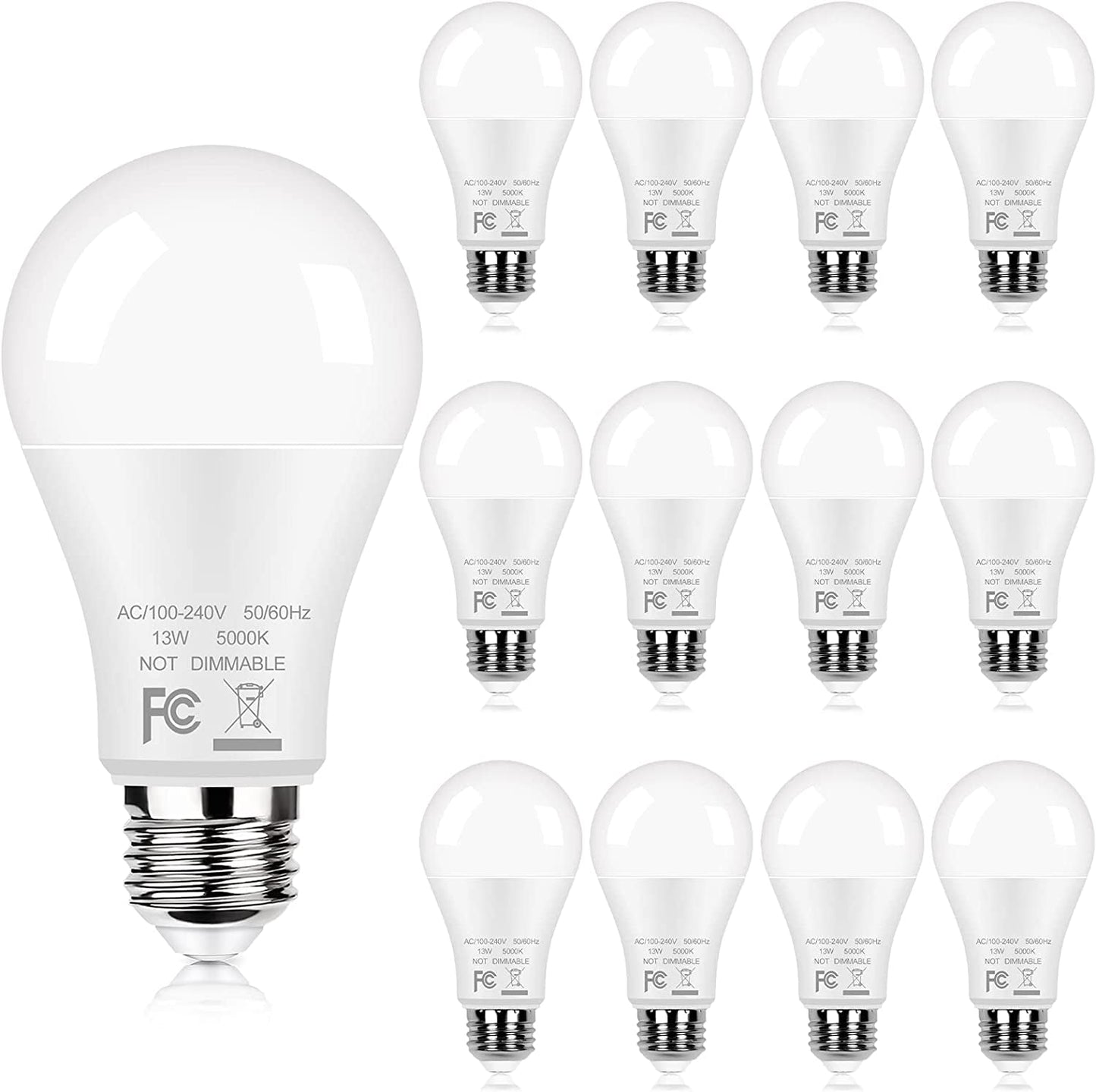 Skorter | 12-Pack A19 LED Bulbs, 100W Equivalent Bulbs, 13W 5000K Daylight White LED Bulbs with Standard E26 Medium Base