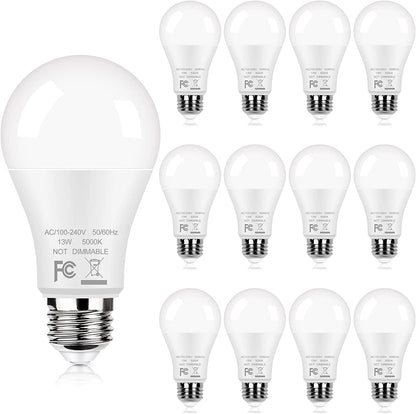 Skorter | 12-Pack A19 LED Bulbs, 100W Equivalent Bulbs, 13W 5000K Daylight White LED Bulbs with Standard E26 Medium Base