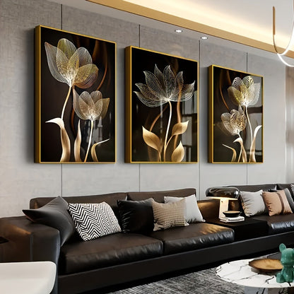 Skorter | 3-piece Luxe Canvas Posters - Golden Flowers Artwork, Wall Decoration for Living Room, Bedroom, Office, Hallway, and Kitchen, Without Frame