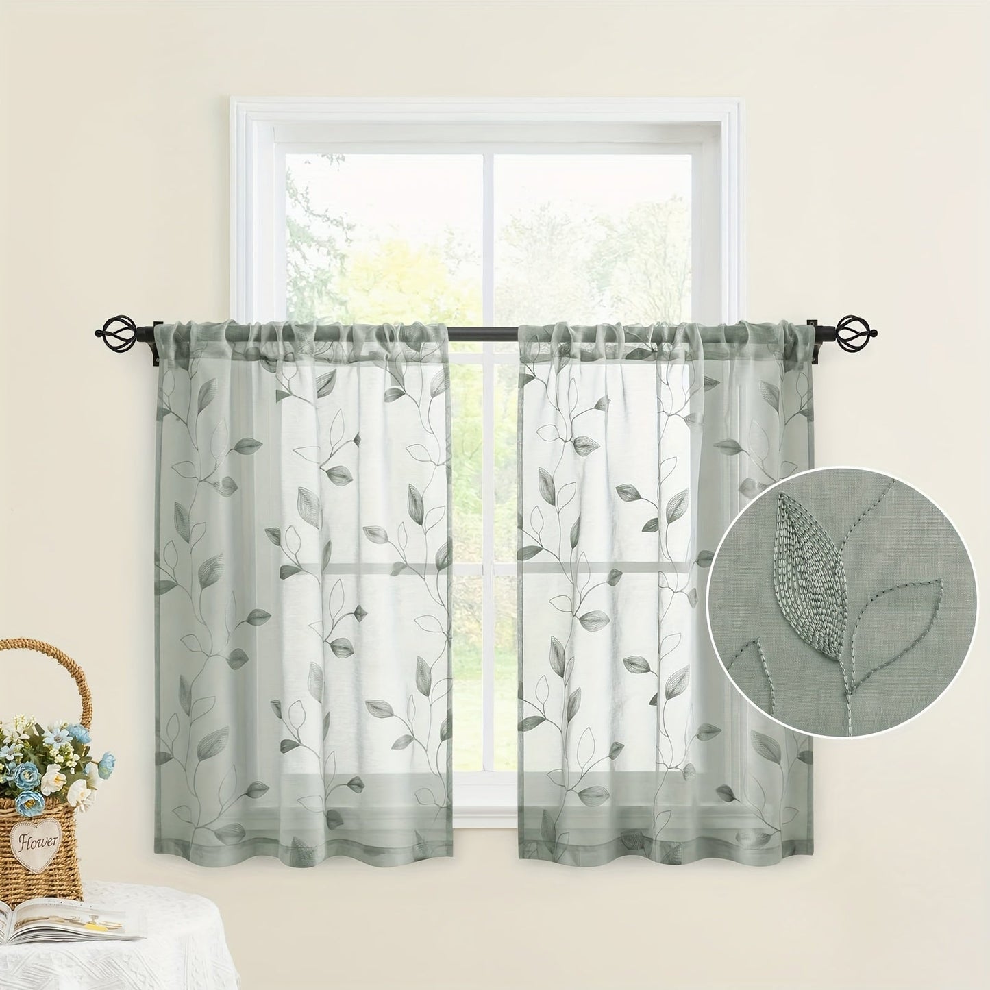 Skorter | Embroidered curtains with leaves - 2 pcs semi-transparent for bedroom and living room