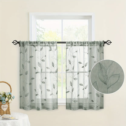Skorter | Embroidered curtains with leaves - 2 pcs semi-transparent for bedroom and living room