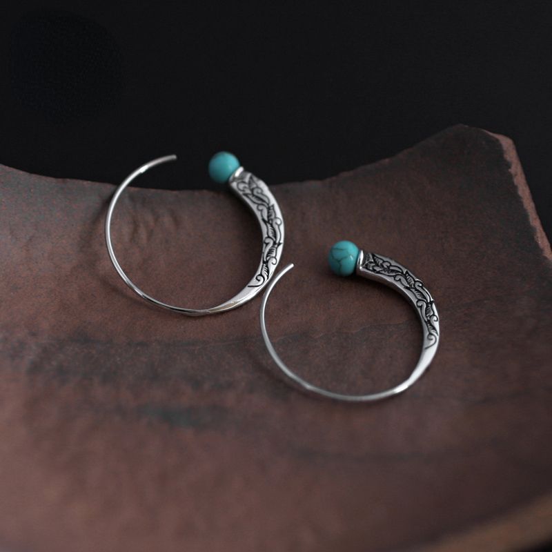 Skorter | Blue Tibetan silver national handmade retro style earrings engraved turquoise Chinese style earrings