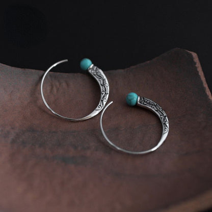 Skorter | Blue Tibetan silver national handmade retro style earrings engraved turquoise Chinese style earrings
