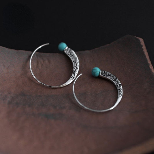 Skorter | Blue Tibetan silver national handmade retro style earrings engraved turquoise Chinese style earrings