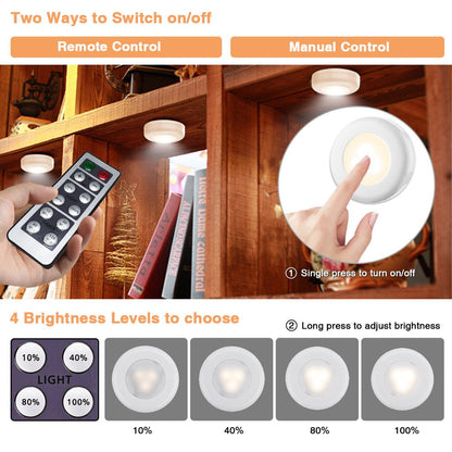 Skorter | Puck lamps with remote control Elfeland 6 Pack Wireless LED Closet lights under Cabinet lighting Battery-powered under Countertop lighting Dimmable Night lights Stick-on lights (Warm White)