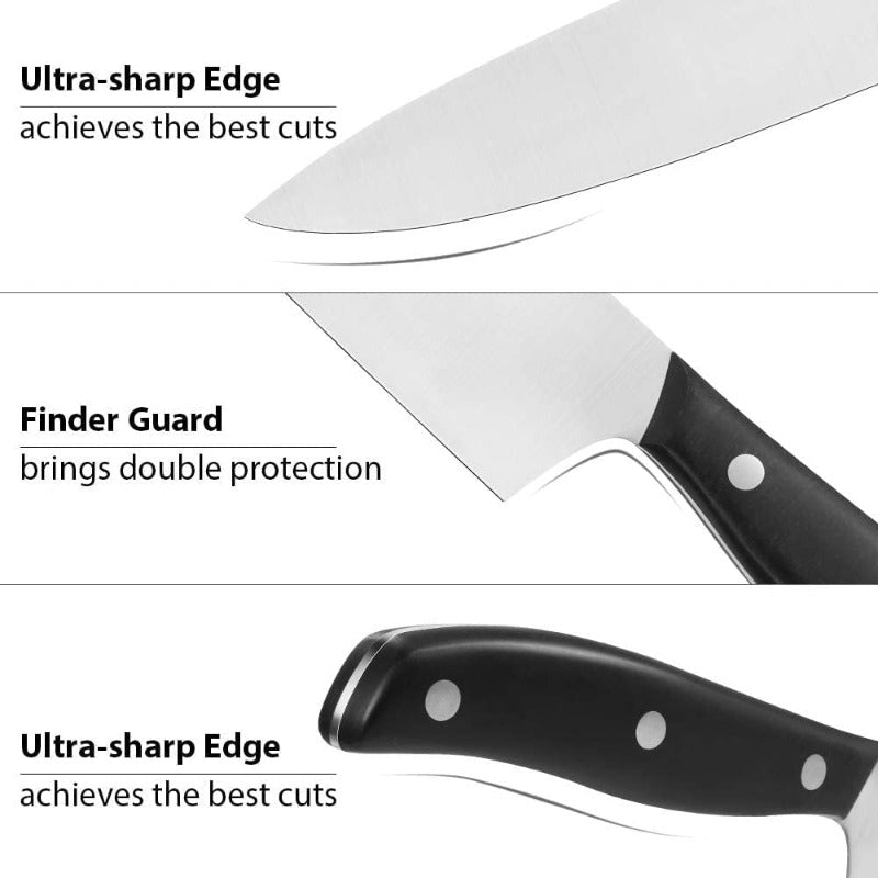 Skorter | 15-piece professional chef knife set with wooden block, high-carbon stainless steel with scissors, knife sharpener, and 6 serrated steak knives