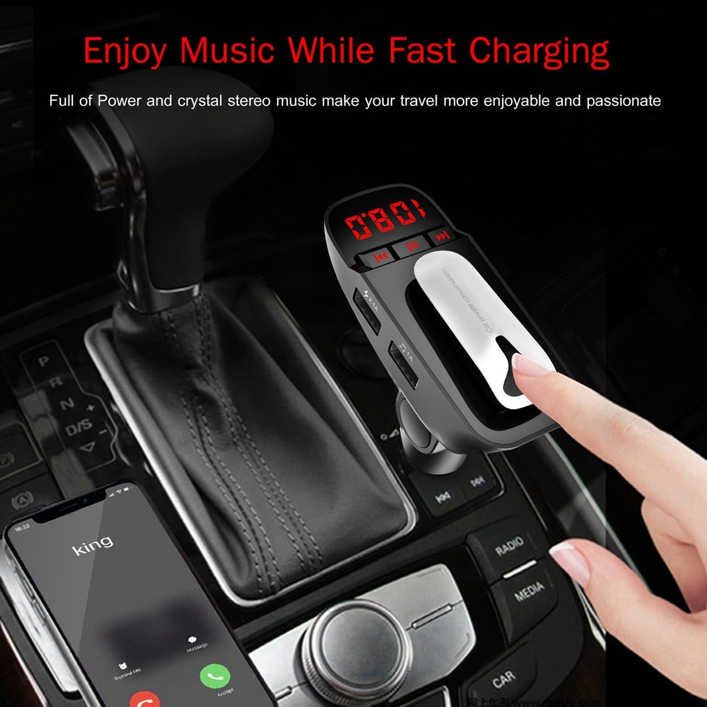 Skorter | Car FM transmitter with wireless earbud 2 USB charging ports