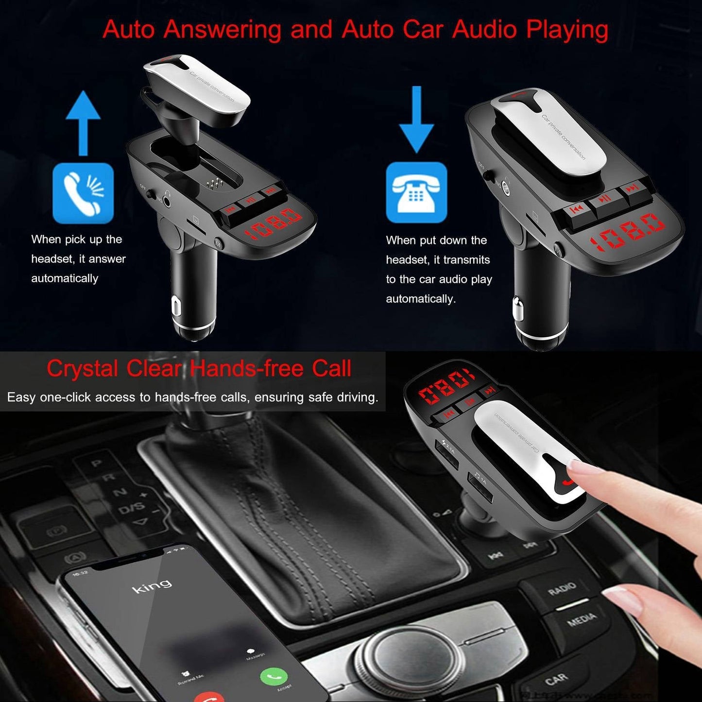 Skorter | Car FM transmitter with wireless earbud 2 USB charging ports