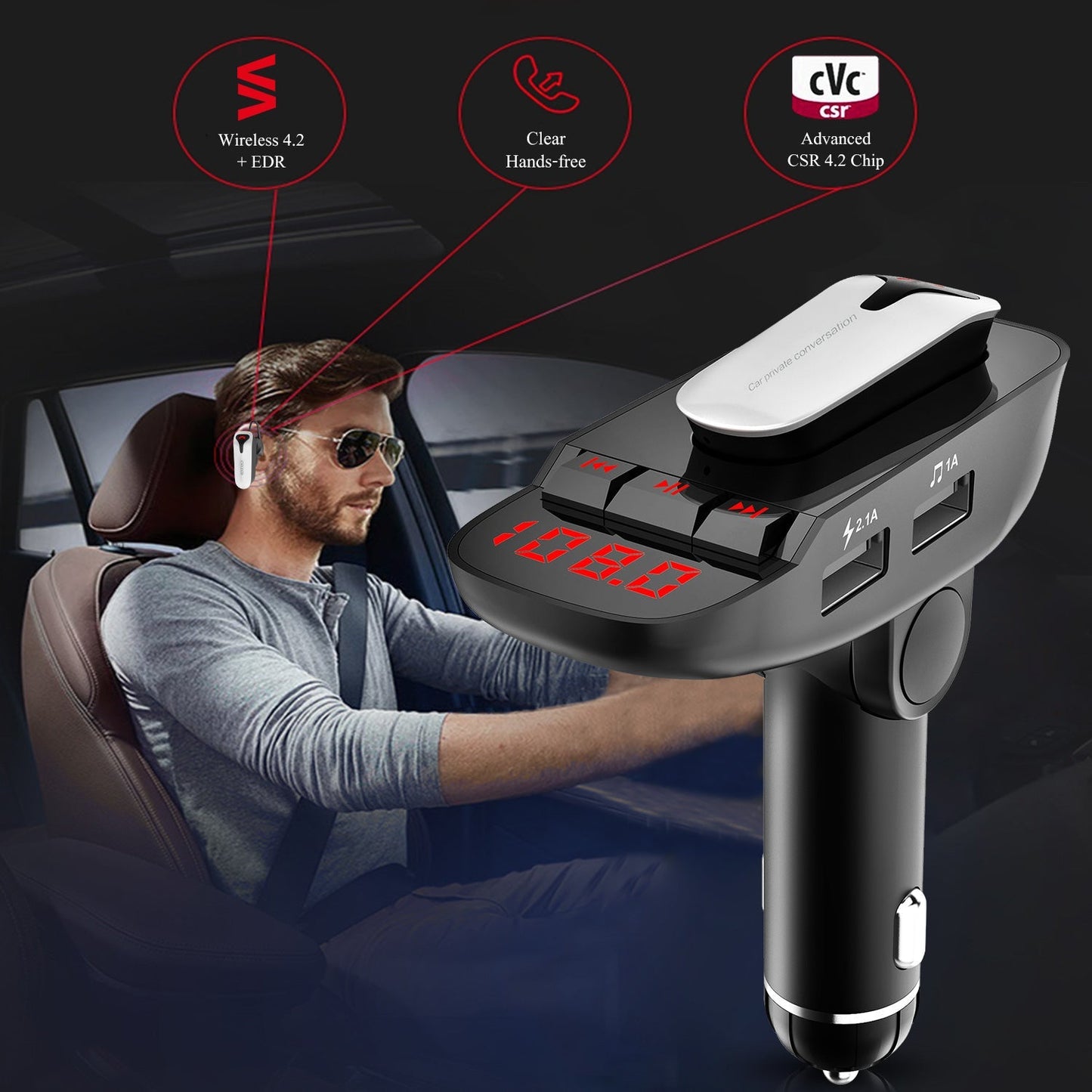 Skorter | Car FM transmitter with wireless earbud 2 USB charging ports