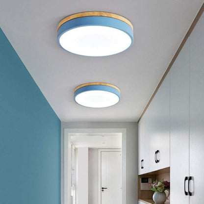 Skorter | Wooden Round Shape Flush Ceiling Light | LED. Solid Wood & Iron for Living Room. Dining Room & Hallway