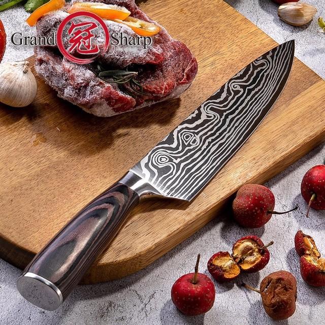 Skorter | Chef Knife 8in High Carbon Stainless Steel Damascus Laser Pattern Butcher Knives