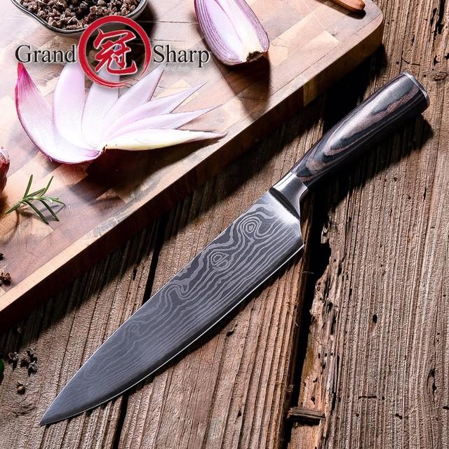 Skorter | Chef Knife 8in High Carbon Stainless Steel Damascus Laser Pattern Butcher Knives