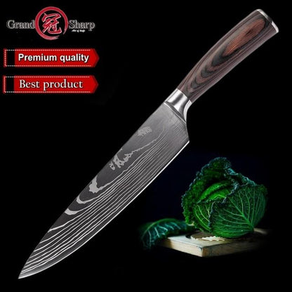 Skorter | Chef Knife 8in High Carbon Stainless Steel Damascus Laser Pattern Butcher Knives