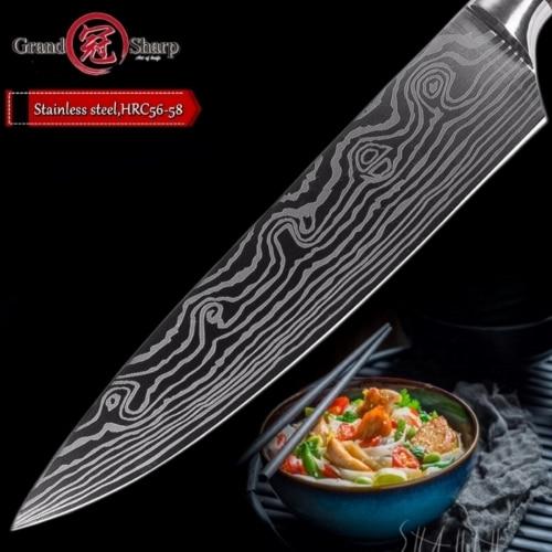 Skorter | Chef Knife 8in High Carbon Stainless Steel Damascus Laser Pattern Butcher Knives