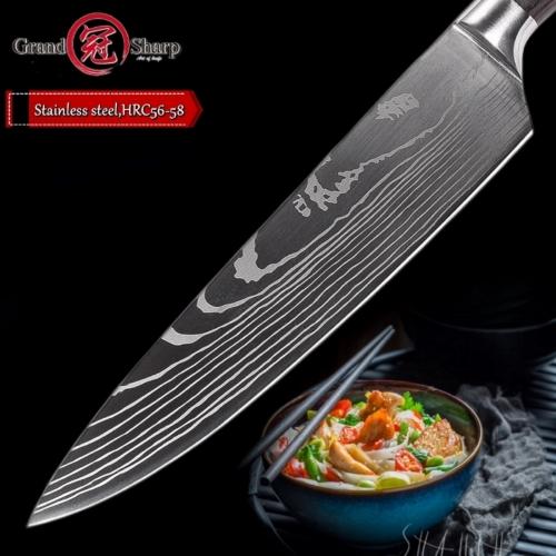 Skorter | Chef Knife 8in High Carbon Stainless Steel Damascus Laser Pattern Butcher Knives
