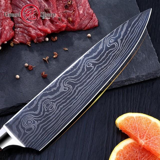 Skorter | Chef Knife 8in High Carbon Stainless Steel Damascus Laser Pattern Butcher Knives
