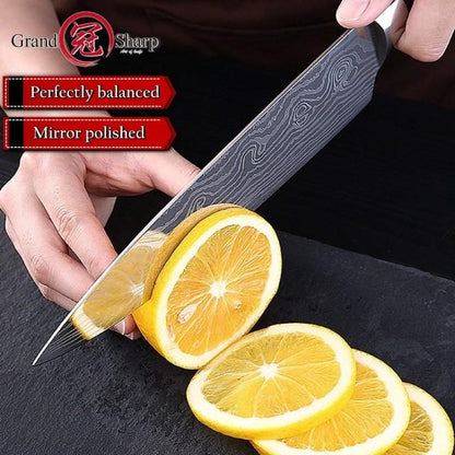 Skorter | Chef Knife 8in High Carbon Stainless Steel Damascus Laser Pattern Butcher Knives