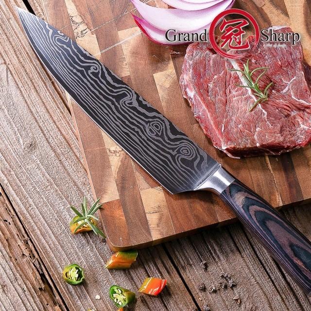 Skorter | Chef Knife 8in High Carbon Stainless Steel Damascus Laser Pattern Butcher Knives