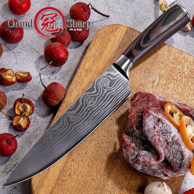 Skorter | Chef Knife 8in High Carbon Stainless Steel Damascus Laser Pattern Butcher Knives