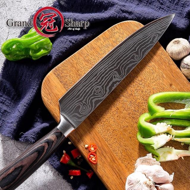 Skorter | Chef Knife 8in High Carbon Stainless Steel Damascus Laser Pattern Butcher Knives