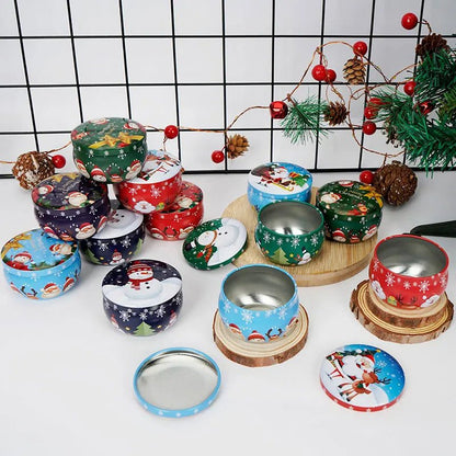 Skorter | Christmas Candle Round Tin Box Set of 12– Perfect for Candy, Party Decor, or DIY Handmade Candles – Metal Container with Lid (2.2oz)