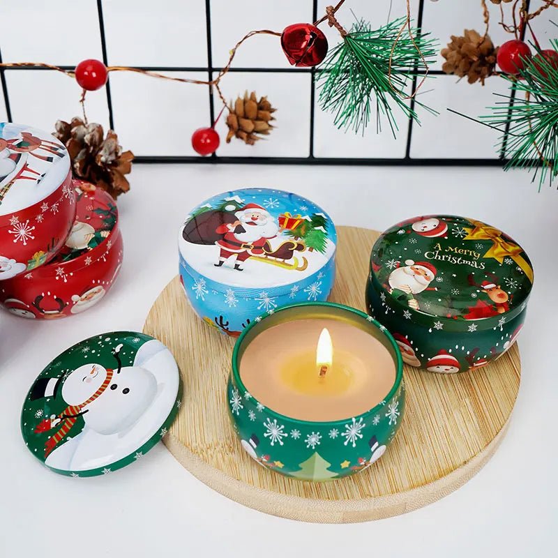 Skorter | Christmas Candle Round Tin Box Set of 12– Perfect for Candy, Party Decor, or DIY Handmade Candles – Metal Container with Lid (2.2oz)