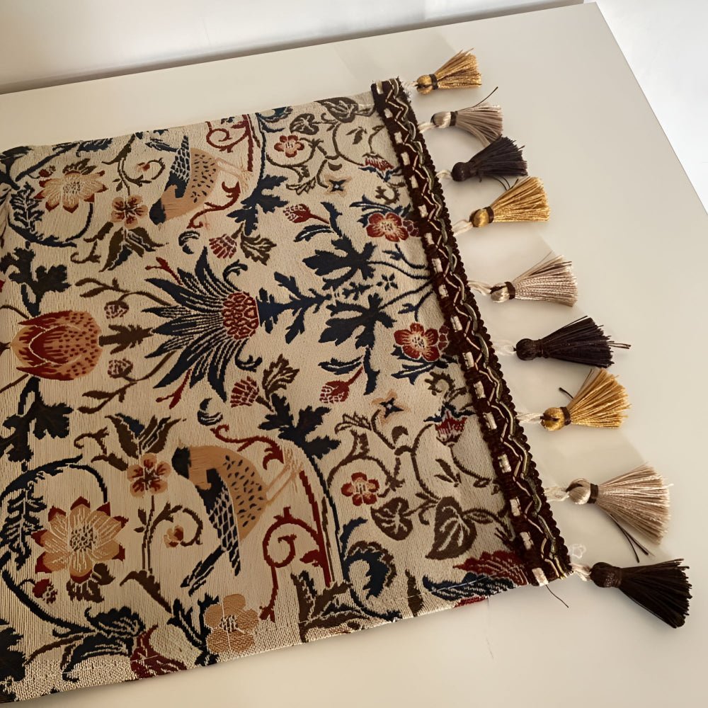 Skorter | EVERBLOOM LINENS – Elegant Table Runner with Floral & Bird Jacquard Design