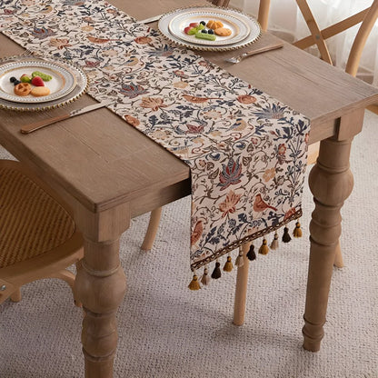 Skorter | EVERBLOOM LINENS – Elegant Table Runner with Floral & Bird Jacquard Design