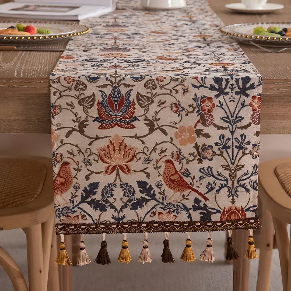 Skorter | EVERBLOOM LINENS – Elegant Table Runner with Floral & Bird Jacquard Design