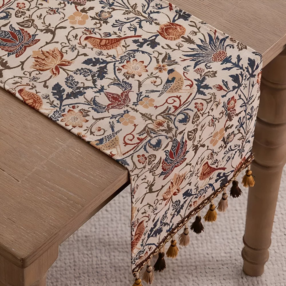 Skorter | EVERBLOOM LINENS – Elegant Table Runner with Floral & Bird Jacquard Design