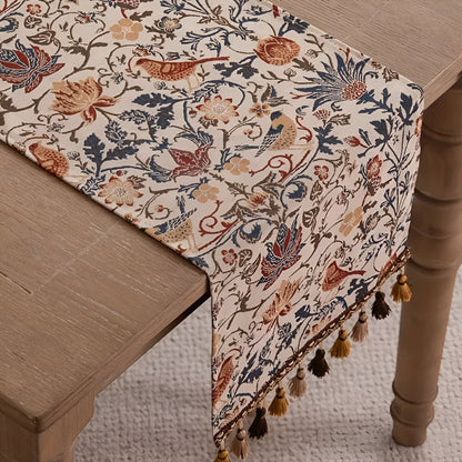 Skorter | EVERBLOOM LINENS – Elegant Table Runner with Floral & Bird Jacquard Design