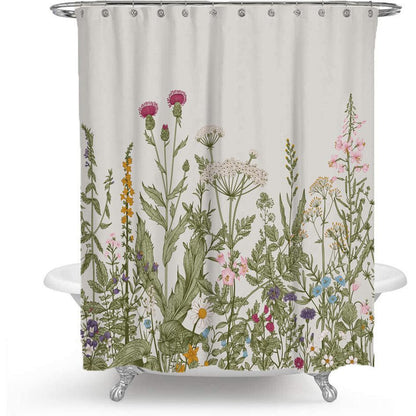 Skorter | Colorful Floral Print Polyester Shower Curtain with Nordic Green Leaf Design