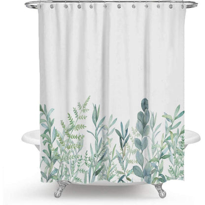 Skorter | Colorful Floral Print Polyester Shower Curtain with Nordic Green Leaf Design