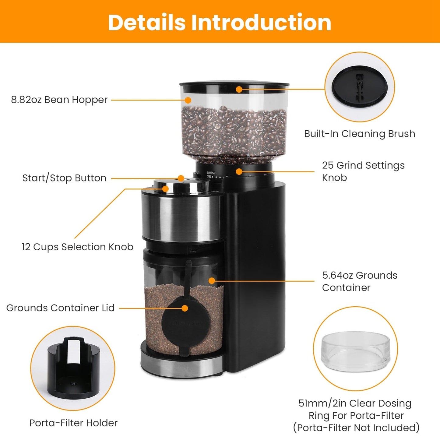 Skorter | Conical Drill Coffee Bean Electric Grinder with 25 Grind Settings