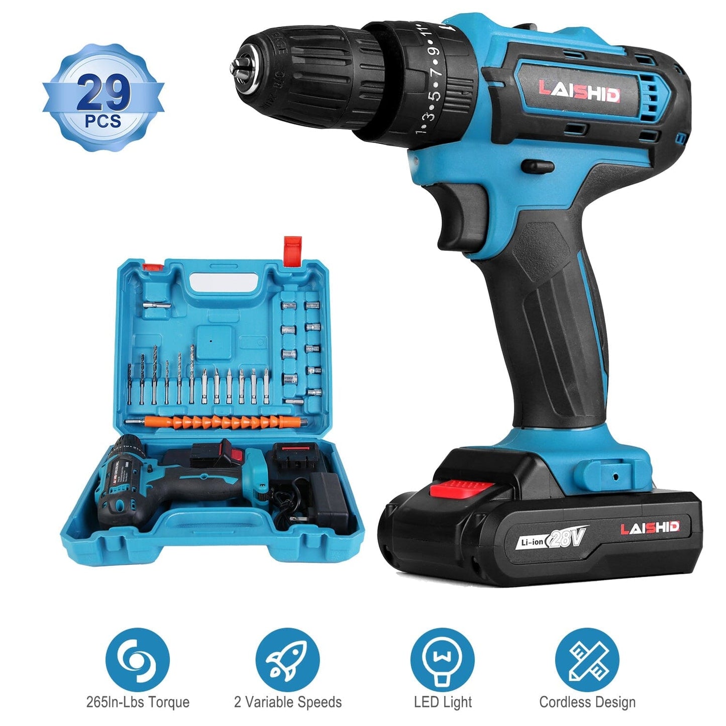 Skorter | Brushless Drill Set with 2 Pieces 8V Batteries and Charger 2 Variable Speeds 3/8In Tool-less Chuck
