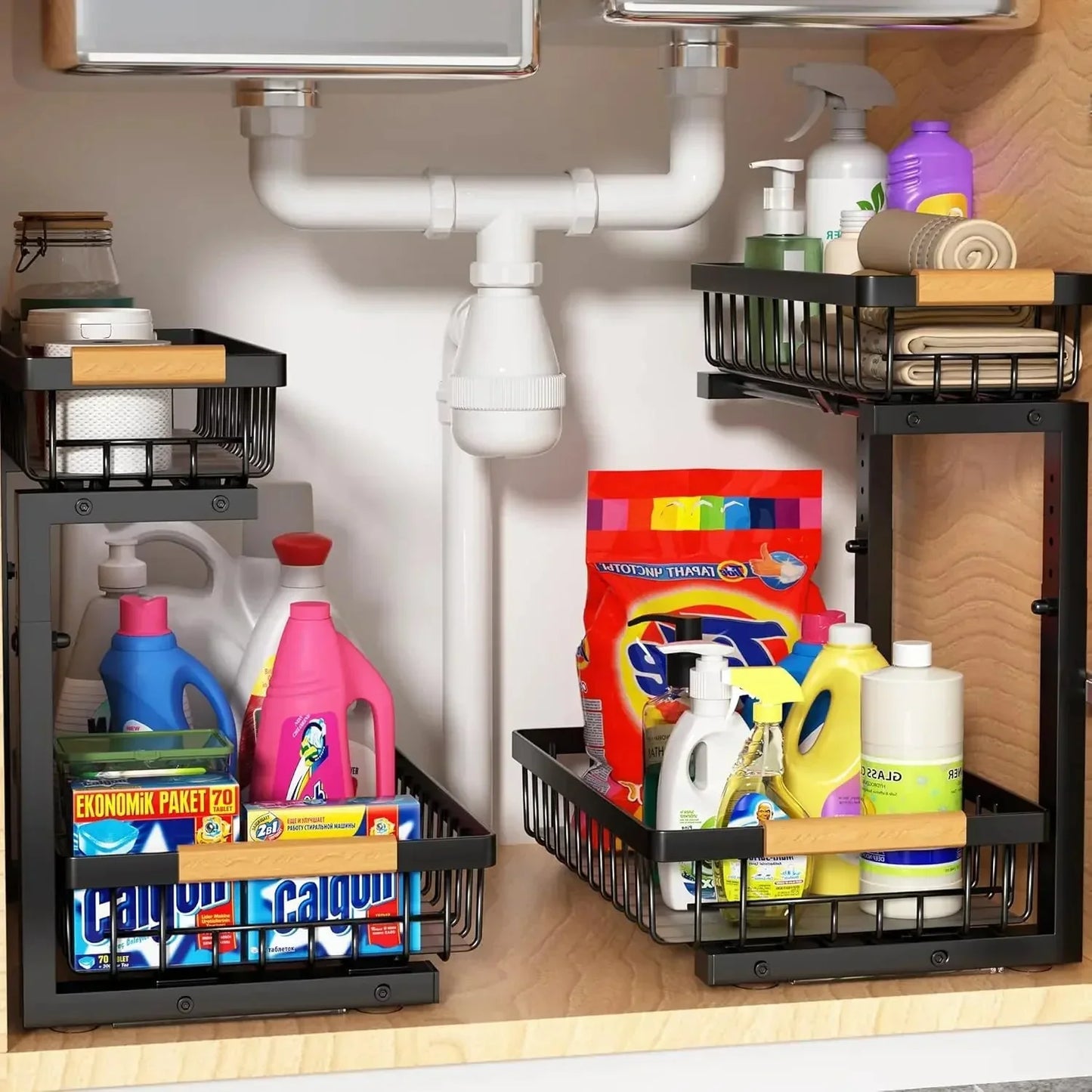 Skorter | Curcura – Heavy-Duty Adjustable Steel Under Sink Organizer for Kitchen & Bathroom