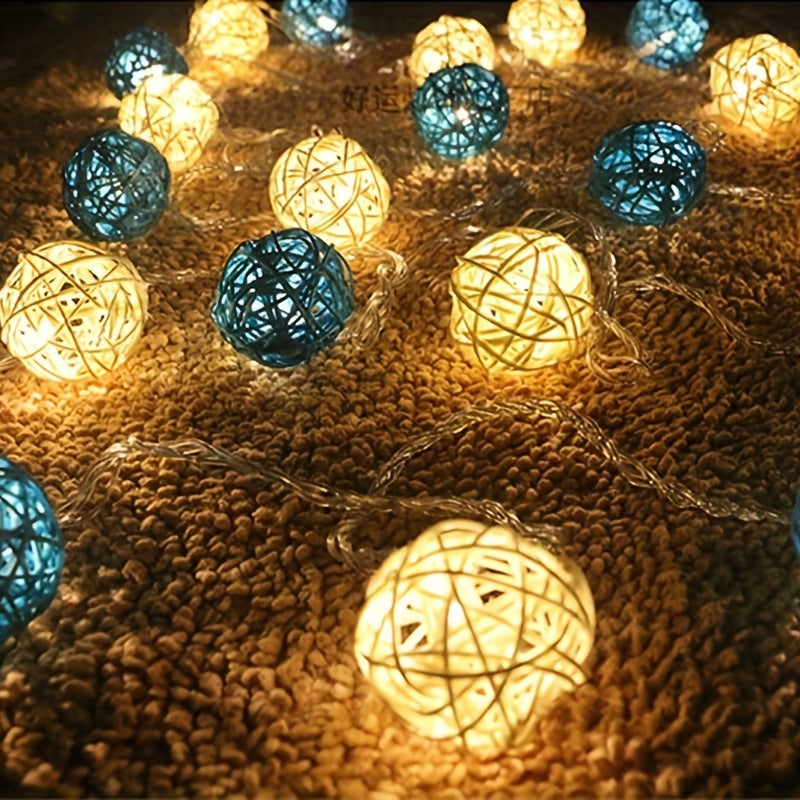 Skorter | LuxeGlow - Blue White Rattan Light Chains 2m 20 LED's, Battery Powered Decorative Lighting