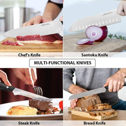 Skorter | 15-piece professional chef knife set with wooden block, high-carbon stainless steel with scissors, knife sharpener, and 6 serrated steak knives