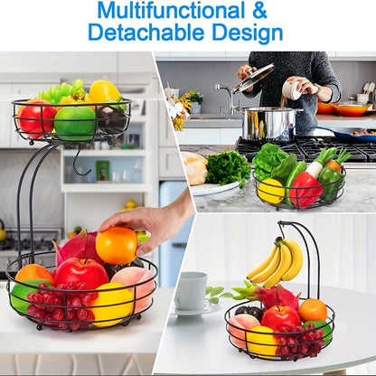 Skorter | 2-Layer Oval Fruit Basket with Banana Holder – Metal Kitchen Organizer