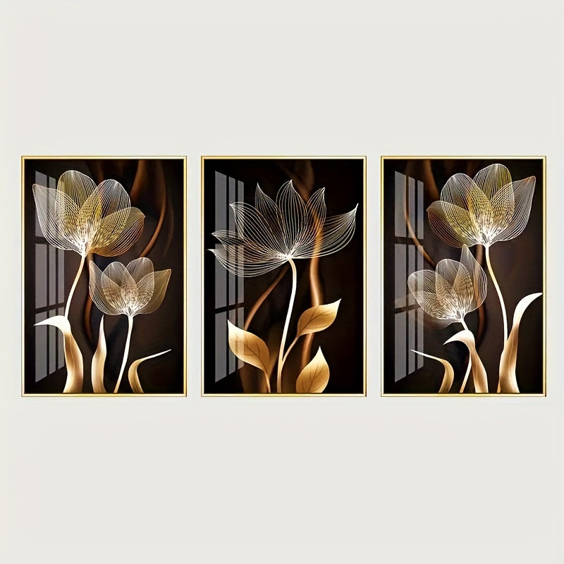 Skorter | 3-piece Luxe Canvas Posters - Golden Flowers Artwork, Wall Decoration for Living Room, Bedroom, Office, Hallway, and Kitchen, Without Frame
