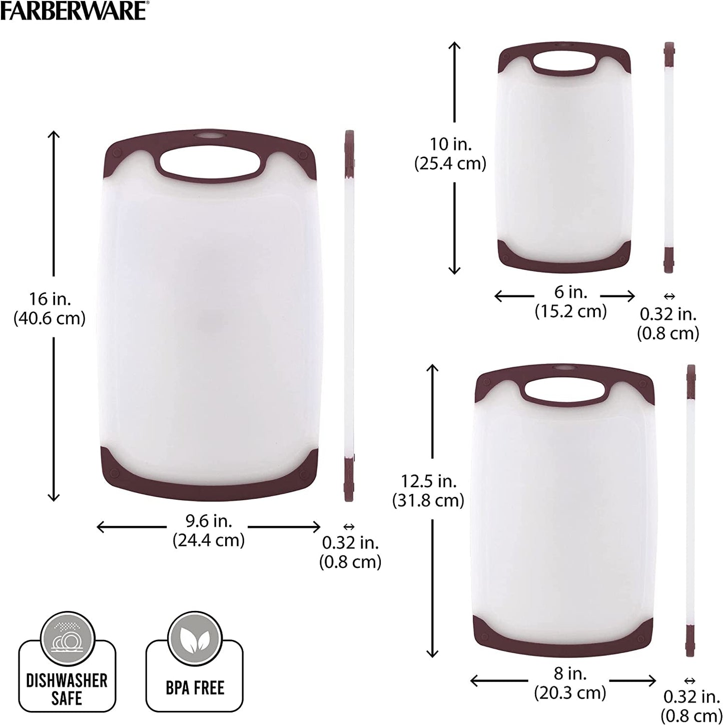 Skørter | Farberware Plastic Cutting Board with Non-Slip and Juice Grooves, 3-Piece, Maroon