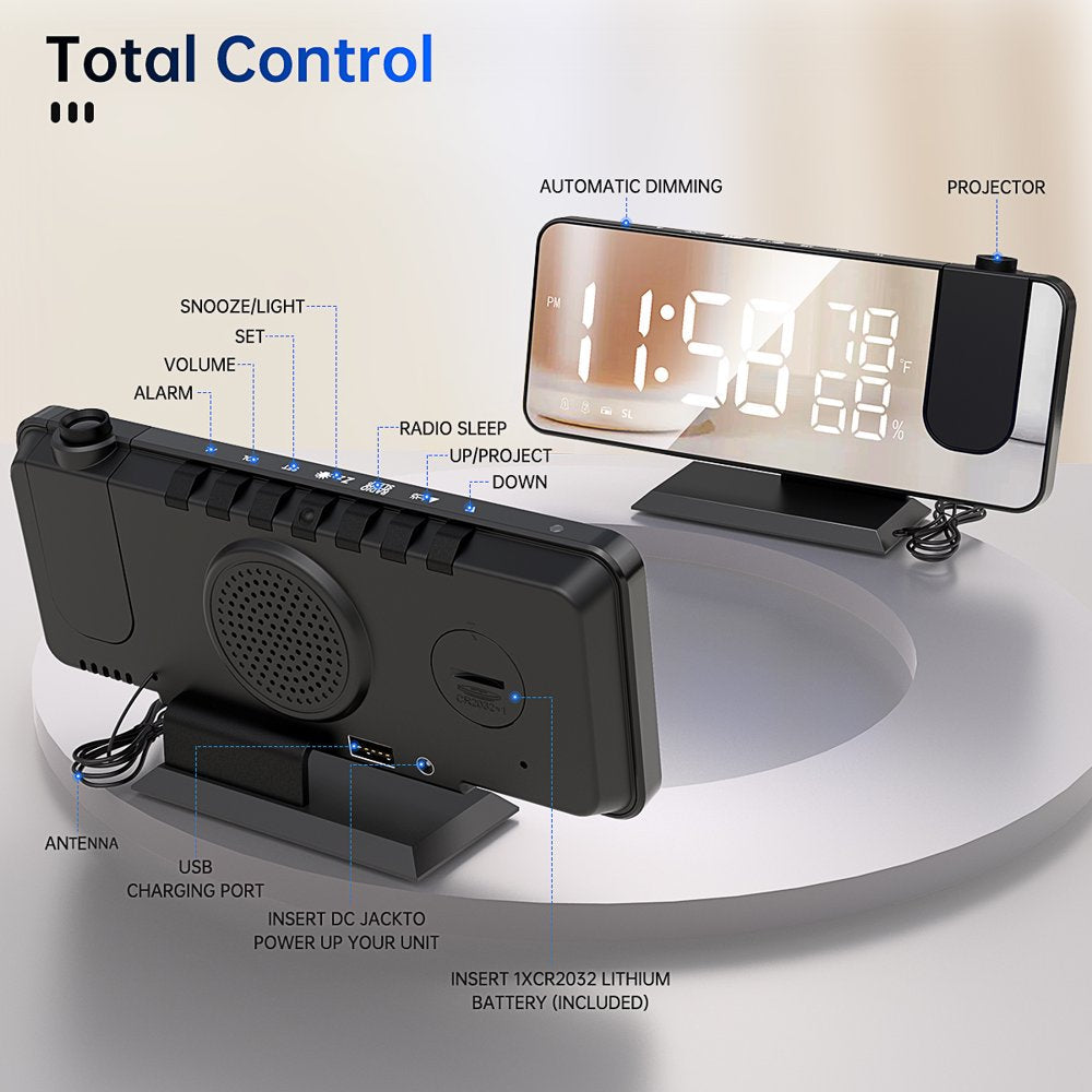 Skørter | Projection alarm clock for the bedroom, digital alarm clock radio with USB charging ports, 7.3" large LED display and 4 adjustable dimmers, double alarm clock with temperature and humidity indicator, snooze (Black)