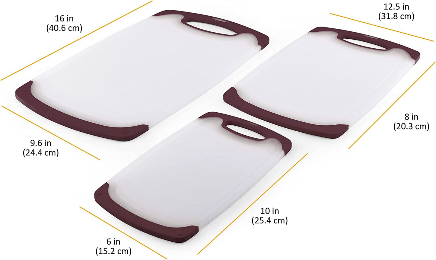 Skørter | Farberware Plastic Cutting Board with Non-Slip and Juice Grooves, 3-Piece, Maroon