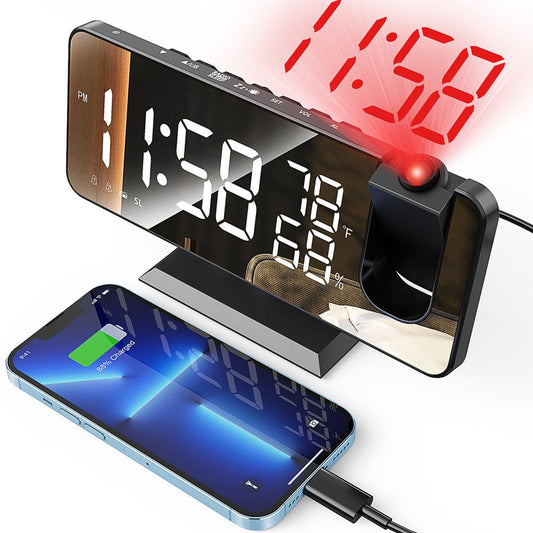 Skørter | Projection alarm clock for the bedroom, digital alarm clock radio with USB charging ports, 7.3" large LED display and 4 adjustable dimmers, double alarm clock with temperature and humidity indicator, snooze (Black)