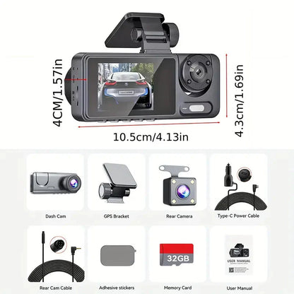 Skorter | 1080P Triple Dash Cam Front, Interior and Rear with 32GB Card, Night Mode, HDR & More