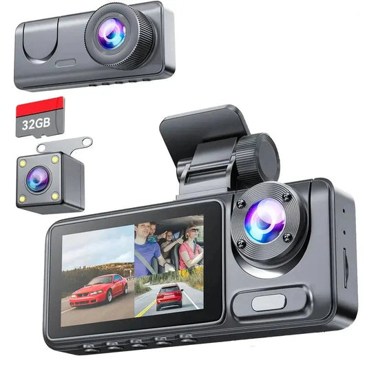 Skorter | 1080P Triple Dash Cam Front, Interior and Rear with 32GB Card, Night Mode, HDR & More