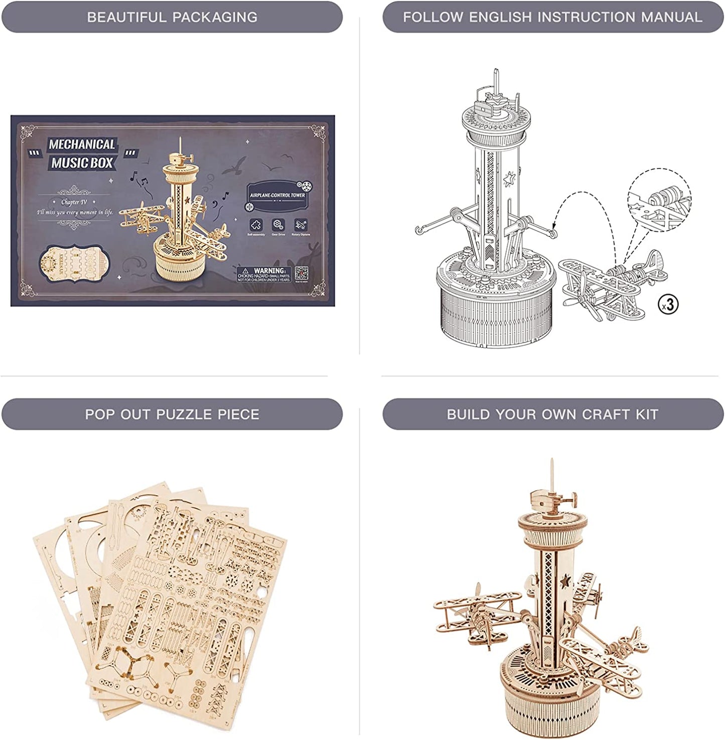Skorter | DIY 3D Wooden Puzzle Music Box Model Kit - Assembly Set Plane - Control Tower