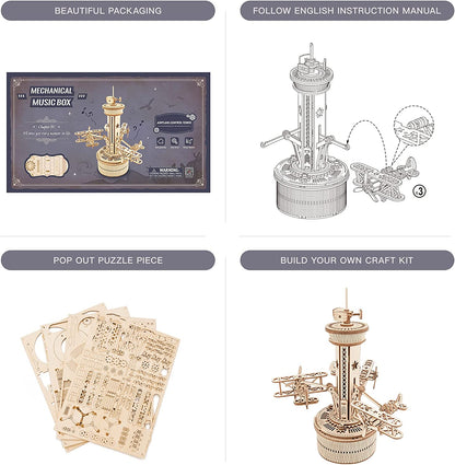 Skorter | DIY 3D Wooden Puzzle Music Box Model Kit - Assembly Set Plane - Control Tower