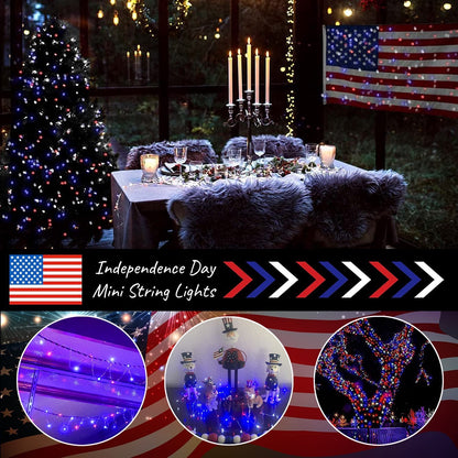 Skørter | July 4 patriotic home decorations outdoor lights - Red White Blue solar string lights, 2-pack each 100 LED 33 feet