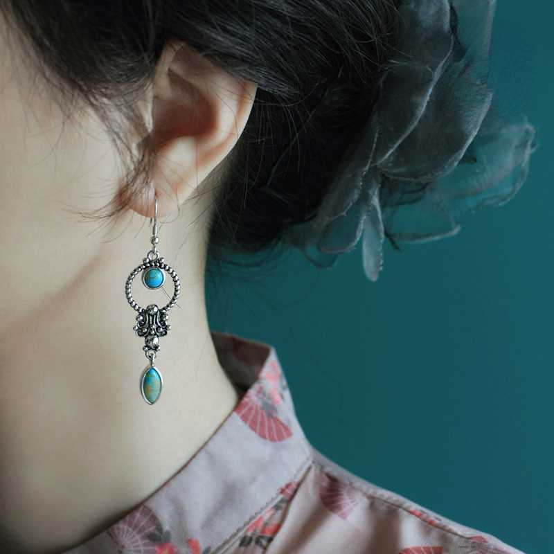 Skorter | Blue Art Retro Style Turquoise Engraved Earrings Elegant Temperament Ethnic Style Earrings